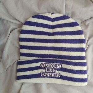 A$$holes Live Forever Purple and White Striped Beanie
